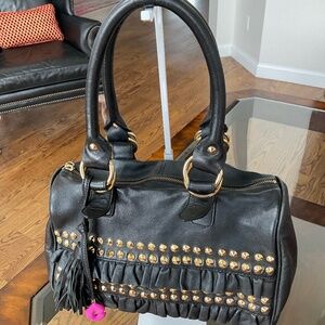 Betsey Johnson luxurious full leather ruffle stud black satchel purse  vintage